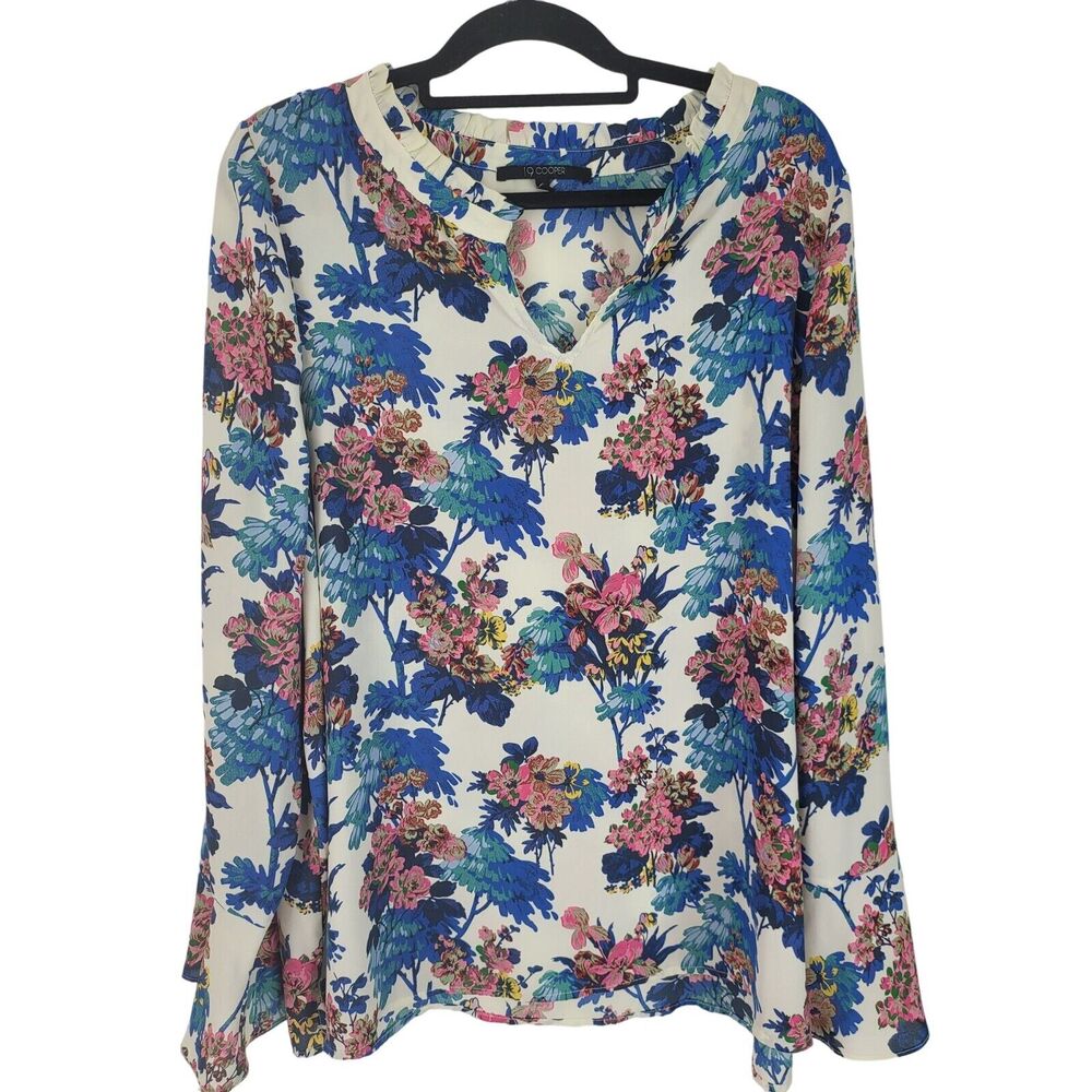 19 Cooper Blouse 2x‎ Womens Plus Size White Floral Long Flounce Sleeve Coquette